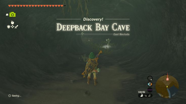 Deepback Bay Cave is east of Hateno Village, in the northern part of the Necluda Sea in East Necluda.