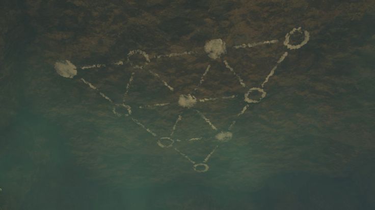 A triangular pattern on the ceiling of Dueling Peaks North Cave in The Legend of Zelda: Tears of the Kingdom.