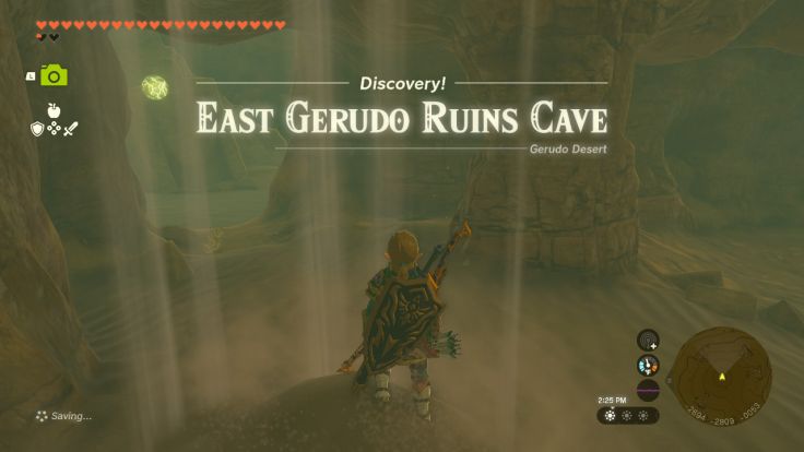 East Gerudo Ruins Cave is south of Gerudo Canyon Skyview Tower and north of East Gerudo Chasm.