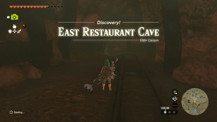 East Restaurant Cave is north of Eldin Canyon Skyview Tower, northeast of Timawak Shrine and Bedrock Bistro.