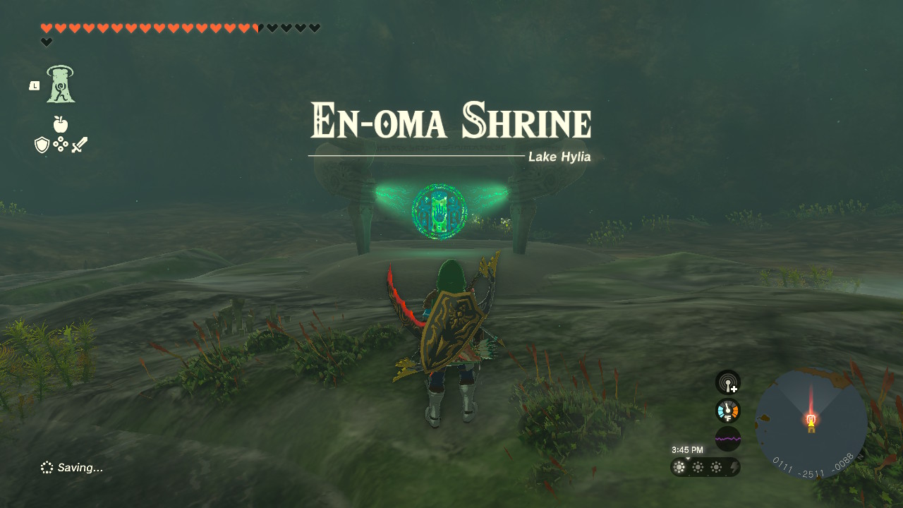 En-oma Shrine is beneath a whirlpool in Lake Hylia and can be opened with the crystal on the island above. En-oma Shrine is beneath a whirlpool in Lake Hylia and can be opened with the crystal on the island above.