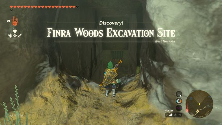 Finra Woods Excavation Site is south of Popla Foothills Skyview Tower and southeast of Lake Hylia.