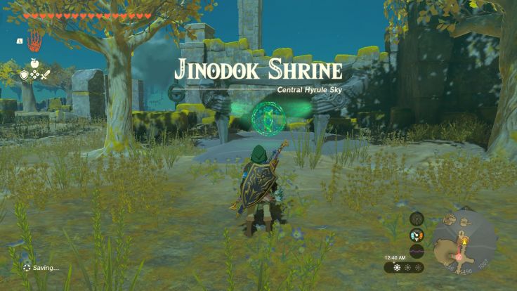The Jinodok Shrine is found in the South Hyrule Sky and can be opened by bringing a crystal to it.
