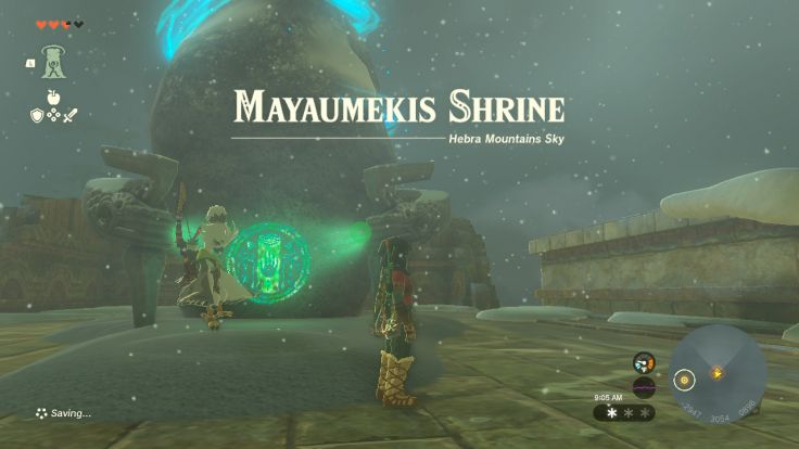 Mayaumekis Shrine is located in the Hebra Mountains Sky, along the path to the Wind Temple.
