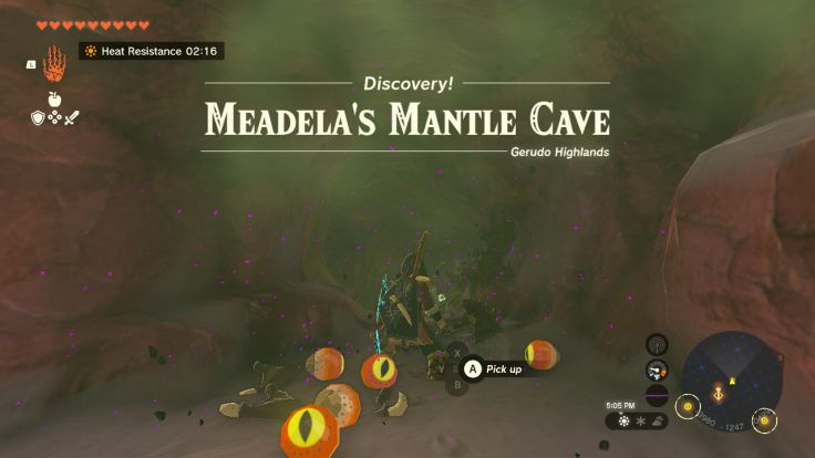 You find Meadela's Mantle Cave near Gerudo Highlands Skyview Tower.