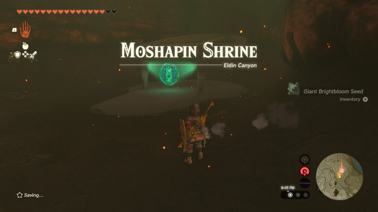 After you carry the shrine crystal across the lava lake in Lake Intenoch Cave, you can enter Moshapin Shrine.