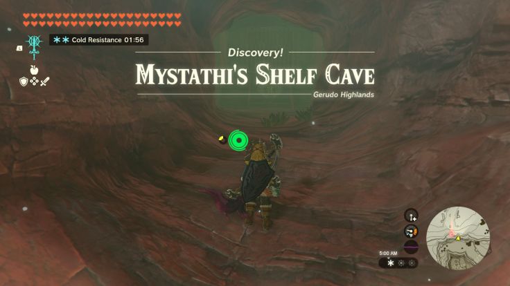 Mystathi's Shelf Cave is north of Gerudo Highlands Skyview Tower, in the lightning symbol on the northeast cliff of Gerudo Summit.