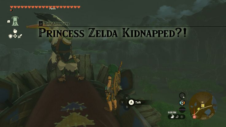 You find Penn on top of Dueling Peaks Stable, looking for clues to the rumor that the Yiga kidnapped Zelda.