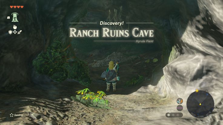 Northwest of where you arrive in Hyrule, you will find a cave near the ruins of a ranch.