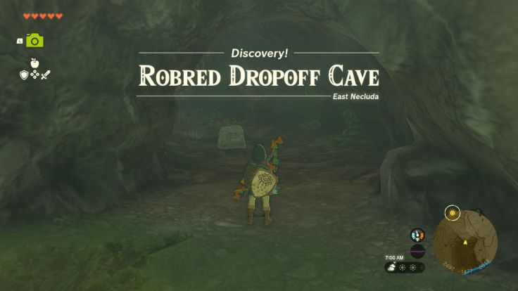 Robred Dropoff Cave is in the East Necluda region, northeast of Fort Hateno.