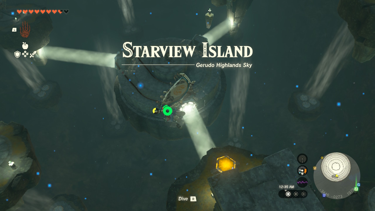 Starview Island is in North Gerudo Sky Archipelago and is home to Mayasiar Shrine. Starview Island is in North Gerudo Sky Archipelago and is home to Mayasiar Shrine.