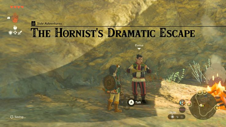 You find a horn player, Eustus, who needs help getting out of a hole near Tabantha Bridge.