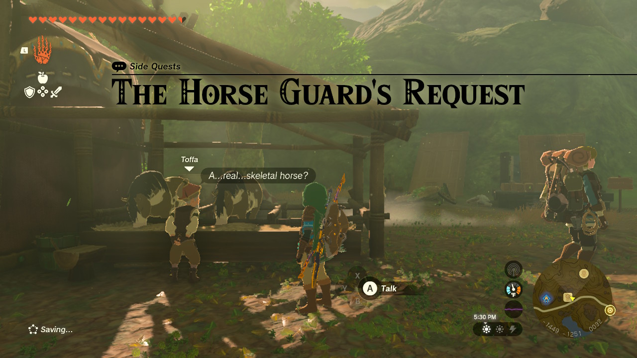 Toffa at Outskirt Stable shares a rumor that skeletal horses can be seen in the Sanidin Park Ruins at night, and wants to see one. Toffa at Outskirt Stable shares a rumor that skeletal horses can be seen in the Sanidin Park Ruins at night, and wants to see one.