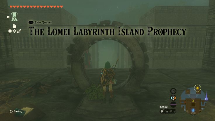 Northeast of the Akkala Ancient Tech Lab, you can reach Lomei Labyrinth Island, where a mysterious voice gives you a quest.