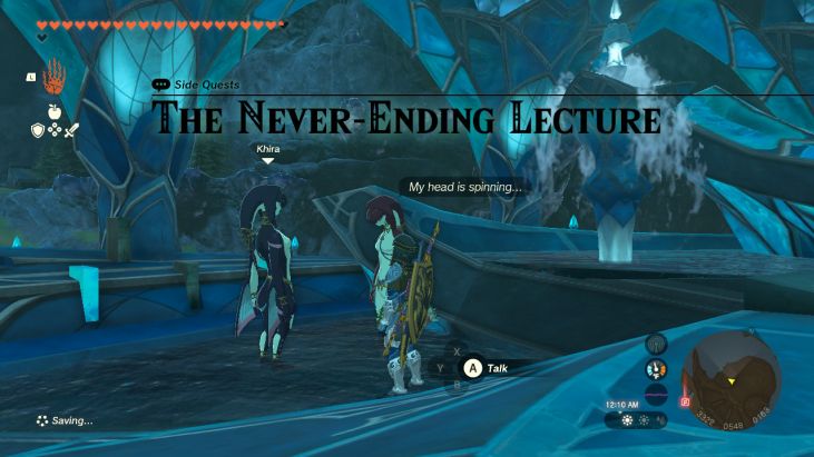 Khira is lecturing Chroma on the Zora Helm, which they hope to find and give to you.