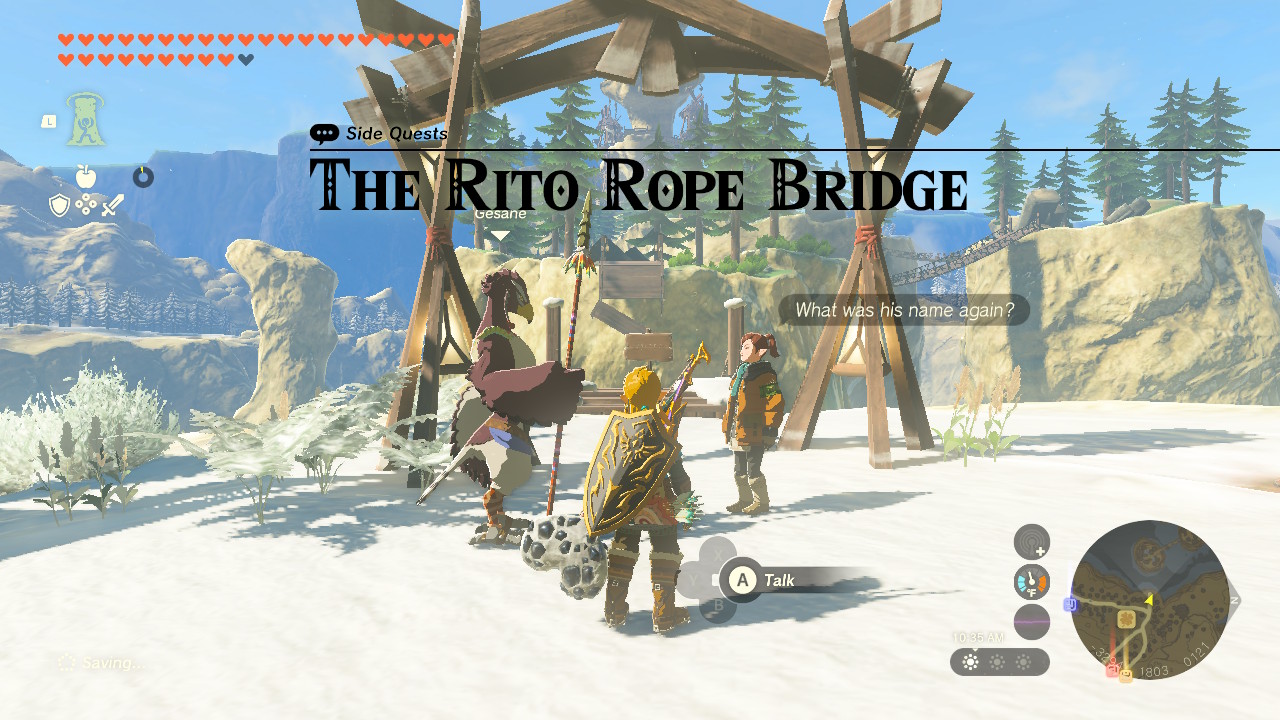 Gesane is looking for help to repair the rope bridge to Rito Village. Gesane is looking for help to repair the rope bridge to Rito Village.