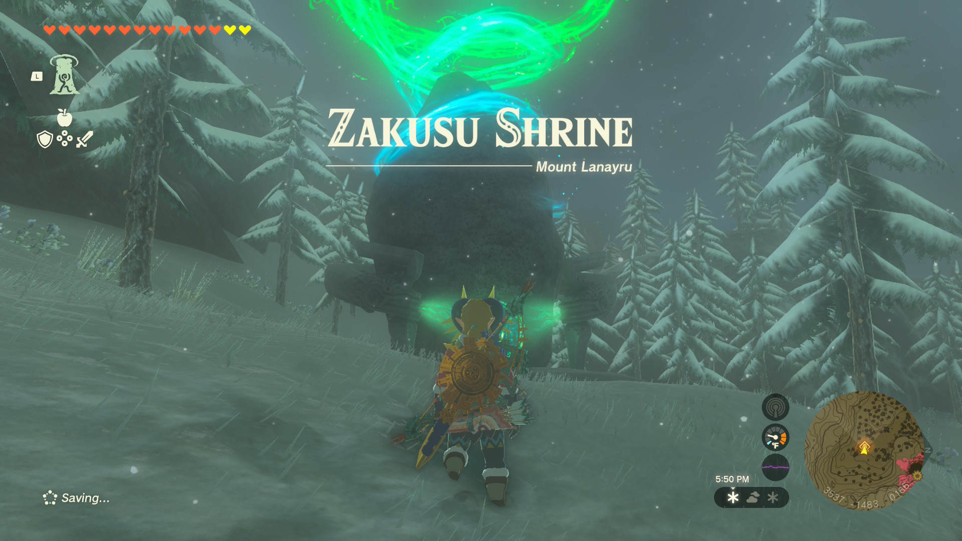 Zakusu Shrine is located on Naydra Snowfield, southwest of the Mount Lanayru Skyview Tower and the Naydra Snowfield Chasm.