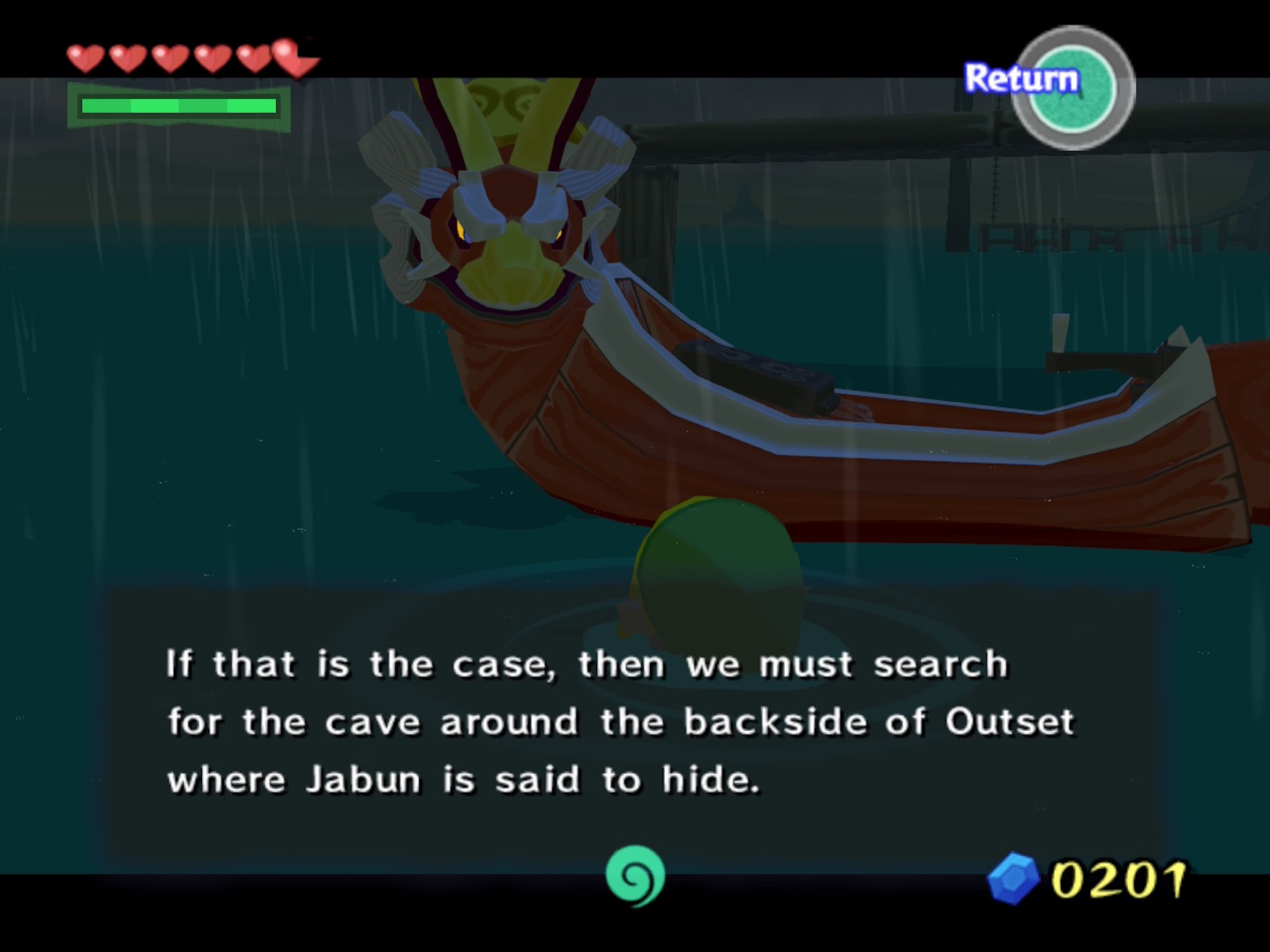You return to Outset Island, where Jabun is said to be hiding, armed with bombs stolen from the pirates. You return to Outset Island, where Jabun is said to be hiding, armed with bombs stolen from the pirates.