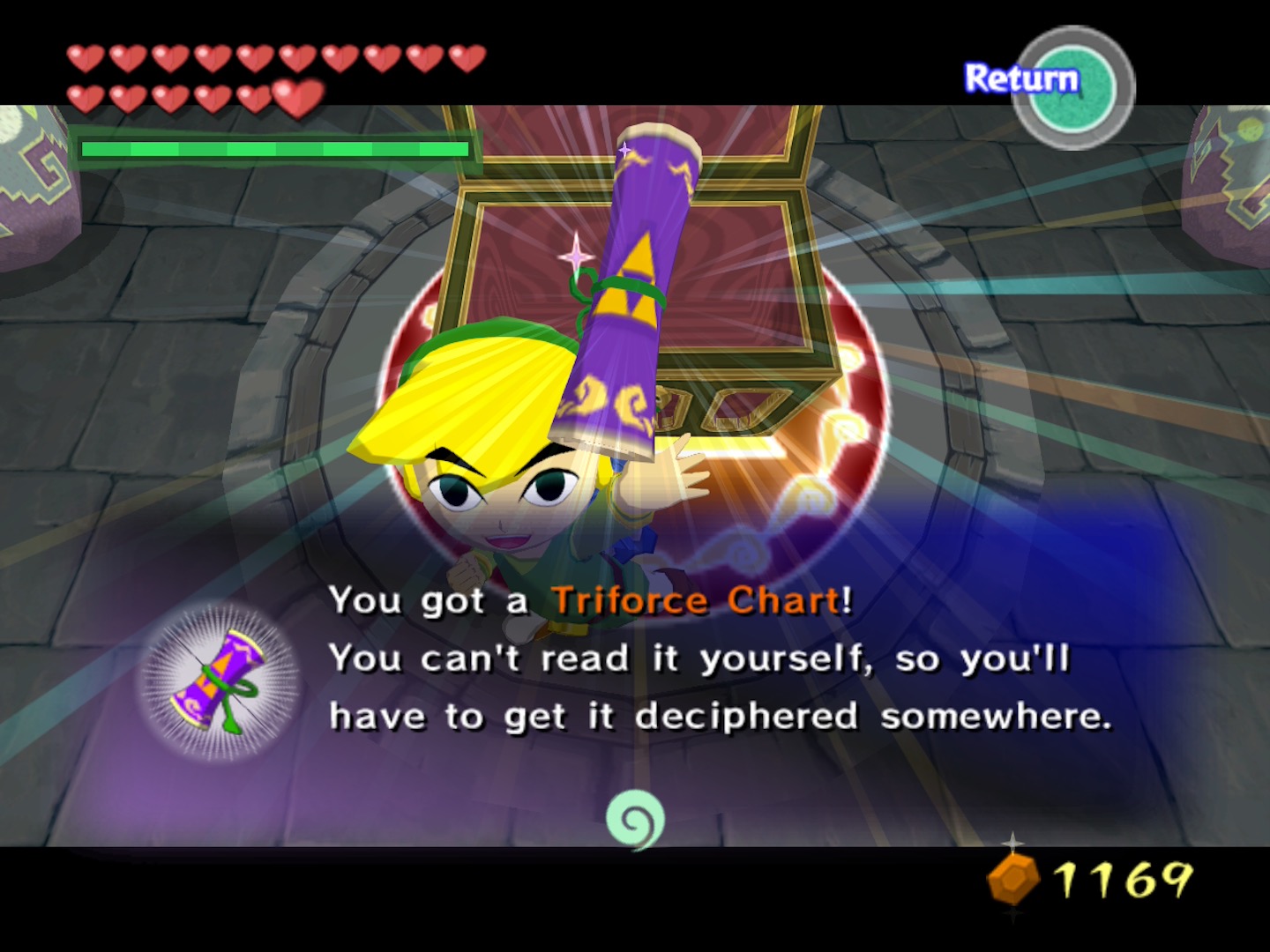 The Triforce of Courage has been shattered. The pieces are hidden around the Great Sea, marked by Triforce Charts. The Triforce of Courage has been shattered. The pieces are hidden around the Great Sea, marked by Triforce Charts.